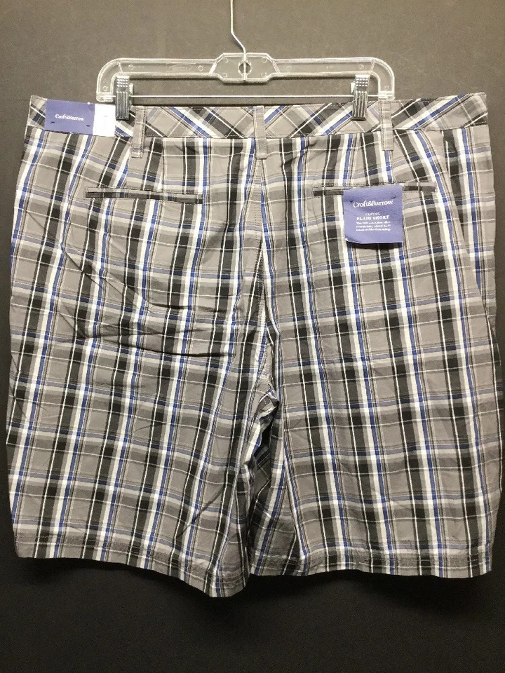 全新带标签 CROFT & BARROW 男式黑色蓝色白色格子休闲短裤 W42 — 第 4/4 张图片