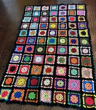 Vintage Granny Square Afghan Handmade Crochet Throw Lap Blanket Rosanne 80x48