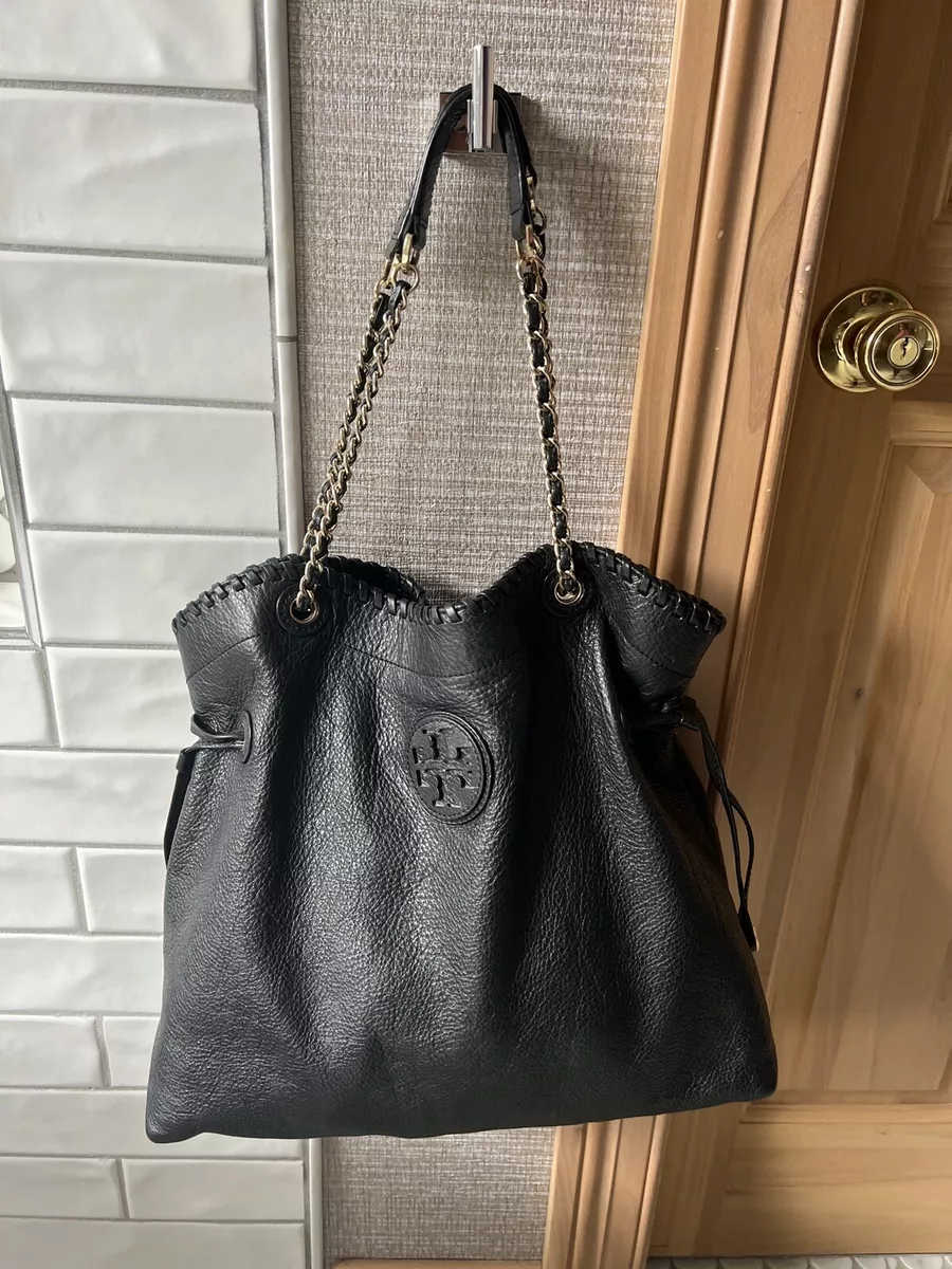 Tory Burch Marion Slouchy Tote Leather Bag Chain/ Woven Leather Strap Black