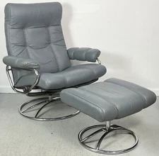 Vintage Mid Century Ekornes Stressless Recliner Ottoman Blue Leather Chrome Base