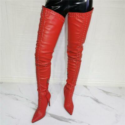 Ladies Studded Rivets Over Knee Thigh Boots High Heel Stiletto Shoes Oversize