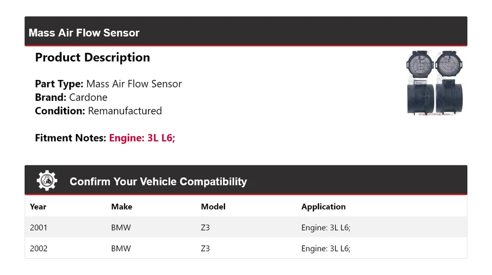 Sensor de flujo de aire de masa Cardone para BMW Z3 3L L6 2001-2002 Foto 2 de 4