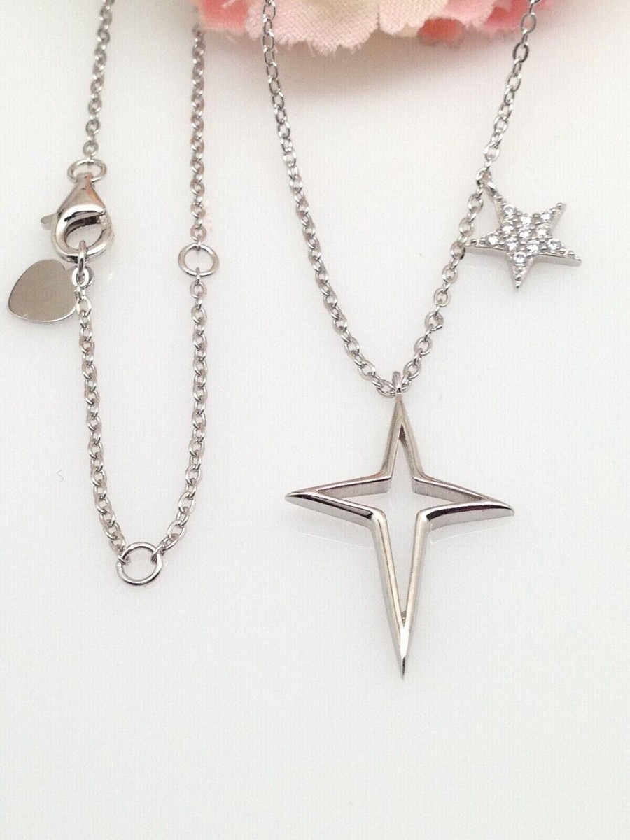 925 Sterling Silver Cz Star North Star Pendant Necklace
