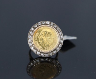 $2,000 Vintage 14k Yellow Gold Single Cut Round Diamond 21K Peso Coin Ring 