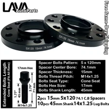 2PC 15MM THICK 5X120 74.1MM C.B WHEEL SPACER+45MM 14X1.25 BOLT FIT BMW X5/X6