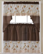 3PC SET EMBROIDERY KITCHEN CURTAIN  BROWN BUTTERFLY 