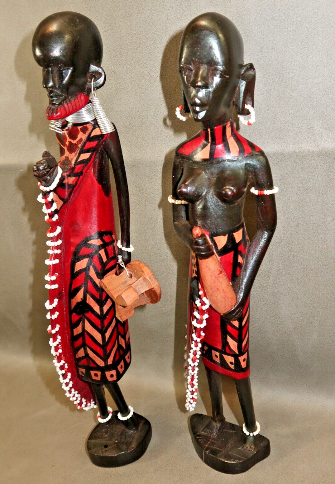 PAIR of Maasai African Mahogany Wood Woman and Man Beaded Figures Carved 12"