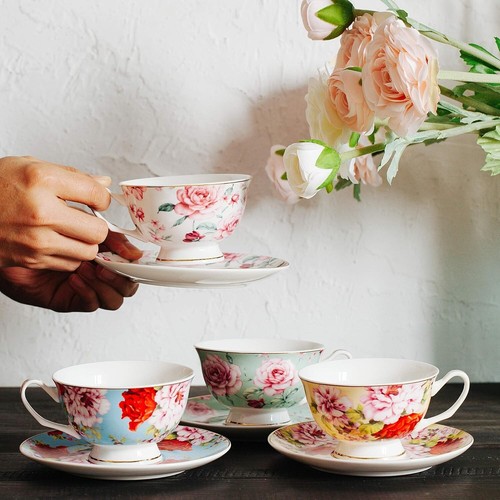 Floral Tea Cups and Saucers Set of 4 7oz With Gold Trim and Gift Box Cappuccino - Picture 4 of 9