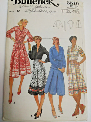 Blouse Skirt 12 Butterick 5516 Sewing Pattern UC VTG 70s V Neck Collared Country