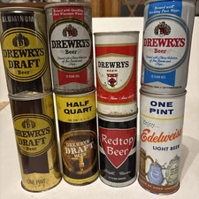 Vintage LOT of  8 DREWRYS (South Bend And 3 Cities Beer Cans + Red Top 16&12 Oz
