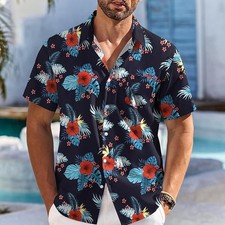 Navy Red Flower Hawaiian Shirt Unisex Tropical Holiday Beach Shirts Family
