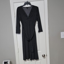 Talbots Midi Dress Size 6 Black White Polka Dot V-Neck 3/4 Sleeve