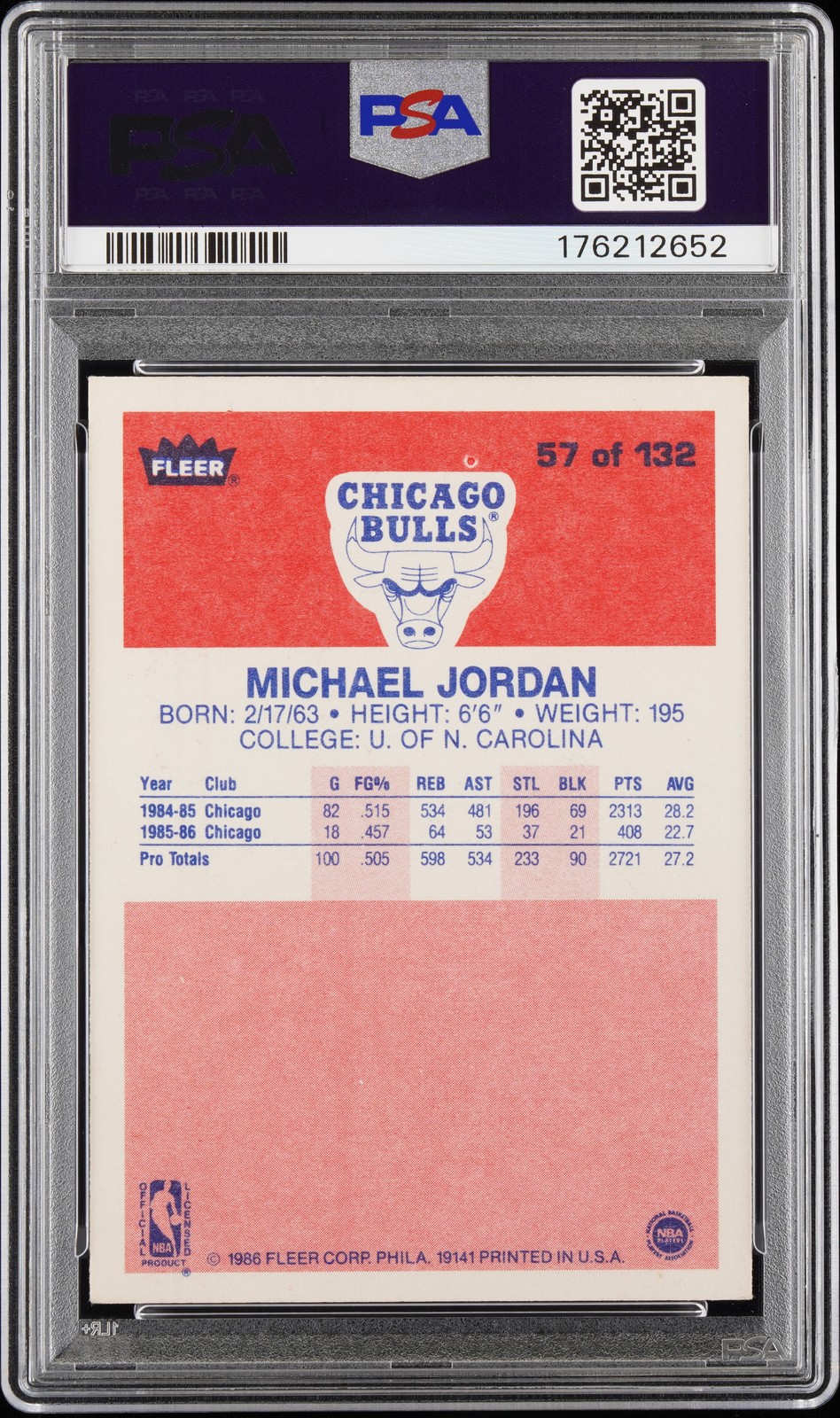 1986 FLEER #57 MICHAEL JORDAN ROOKIE RC PSA 4 view 2