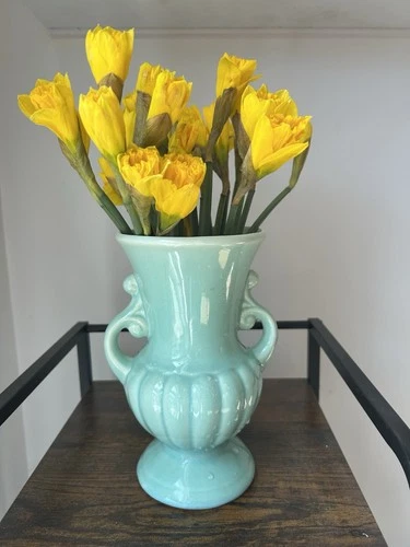 Vintage Shawnee Pottery Light Blue Urn Vase w/Scrolled Double Handle