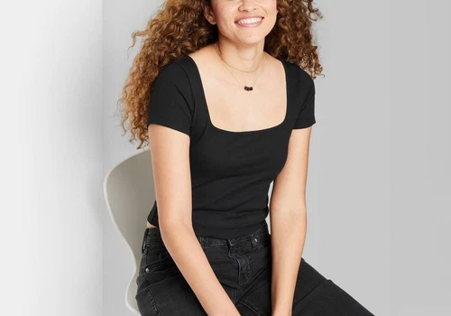 Wild Fable Women's Black Baby T-Shirt - Size L - Short Sleeve - Square Neck - - Picture 5 of 6