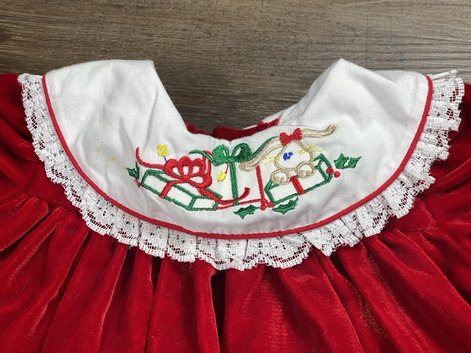 Vtg 90s Peaches & Cream Baby Girl Red Velvet Embroidered Holiday Dress Sz 3-6m - Image 2 of 4