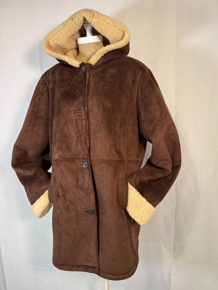Lands' End Brown Faux Suede Faux Shearling Coat Hood Jacket Pockets Women Sz XL - Image 2 of 4