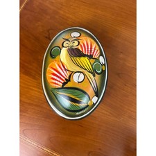 Vintage Tonala Mexican Folk Art Hand Painted Owl Trinket Box Oval Ceramic Green