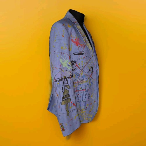 Customised Jacket Banksy Graffiti Style Pale Blue 44 Smart Punk Blink Friction - Picture 5 of 10