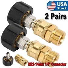2 Pairs Pressure Washer Hose Connector Adapter Quick M22 to 1/4" Gun to Wand