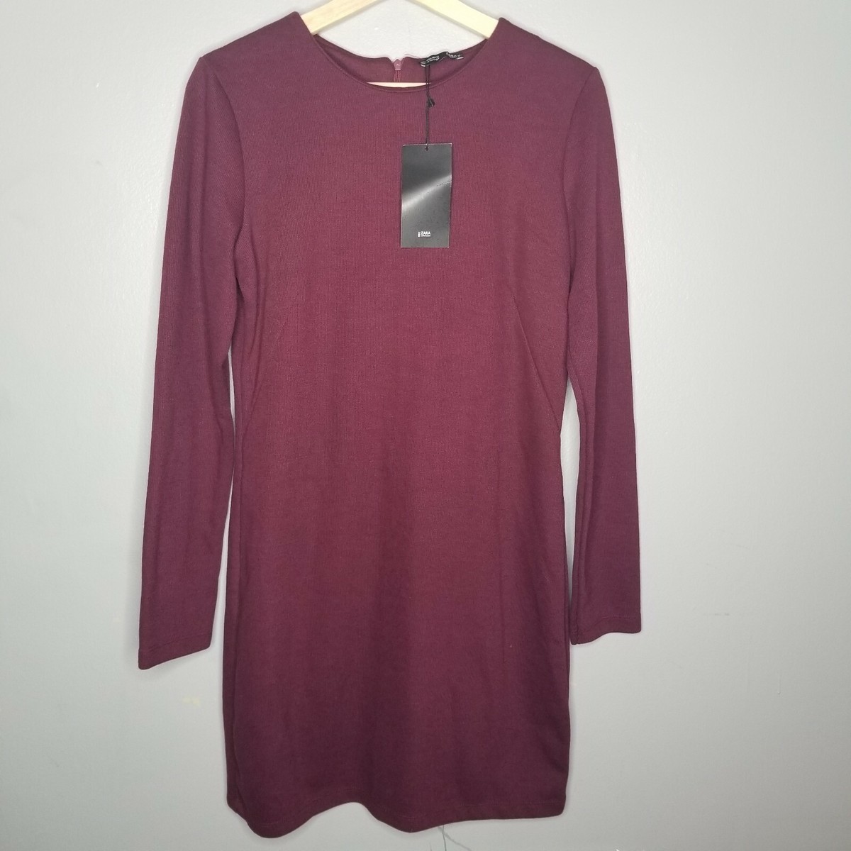 Zara Burgundy Long Sleeve Midi Bodycon Dress Stretch Fitted Size Large Back  Zip | eBay