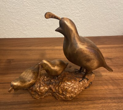Vintage 1983 Hand Carved Wooden Quail FamilyOn Burl Stump