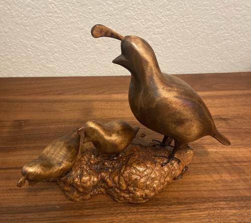 Vintage 1983 Hand Carved Wooden Quail FamilyOn Burl Stump