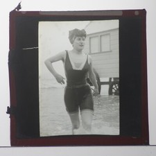 MAGIC LANTERN SLIDE VICTORIAN BATHER SWIMMING IN SEA WITH CHANGING HUT