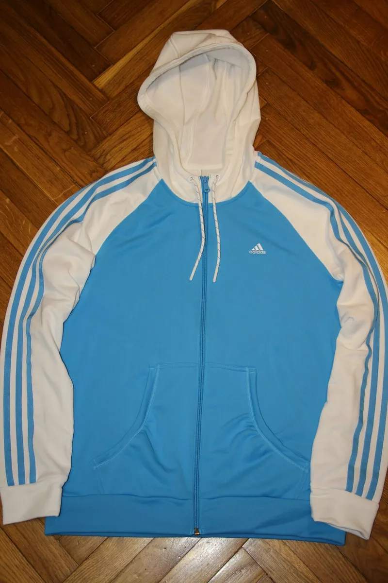 Adidas Originals Women Tracksuit Blue White Zip Hooded Jacket Blue Striped Sz M