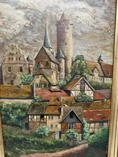 1940s Original Oil Painting On Board Signed  Castle Ruins With Church + Village