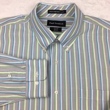Paul Fredrick Dress Shirt Mens 17.5-34 Gray w/Blue Green Stripes Slim Fit