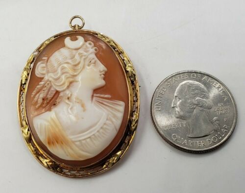 Spilla/Spilla/Ciondolo Vintage Cameo Intagliato Edoardiano Diana la Cacciatrice 10KT - Foto 3 di 10