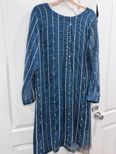 Blue Pakistani Cotton Blend Salwar Kameez Set with Pearl Bead Detailing