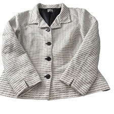 Chicos White Black Textured Tweed Button Front Blazer Jacket Sz 2/L Work Casual