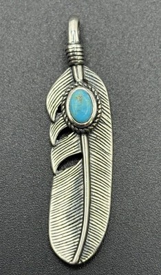 New Condition Sterling Silver Turquoise Feather Pendant 925 