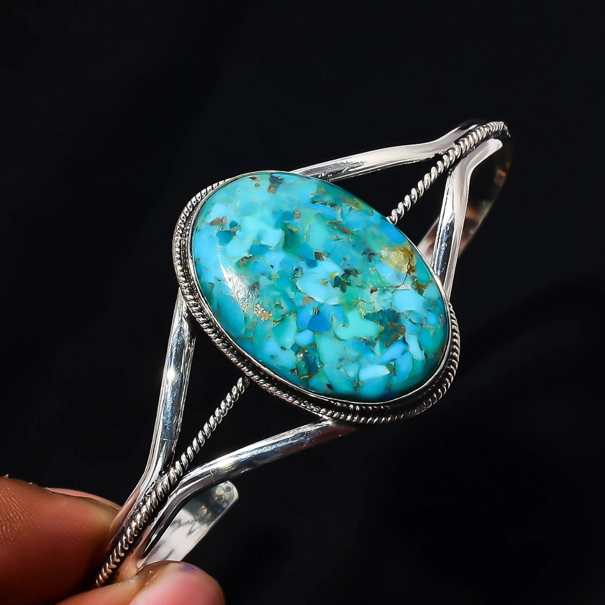 Copper Turquoise Gemstone 925 Sterling Silver Handmade Bangle Jewelry Gift For
