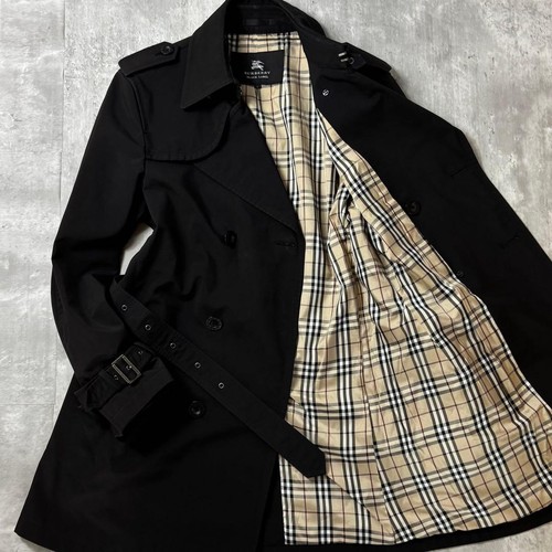 Burberry Blue Label, Burberry Black Label Men's Trench Coat Black Polyester Gabardine Size L #FJ AIA