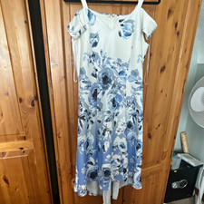 Women’s White/Blue Floral A-Line Midi Dress Strappy Sleeveless Regular 14