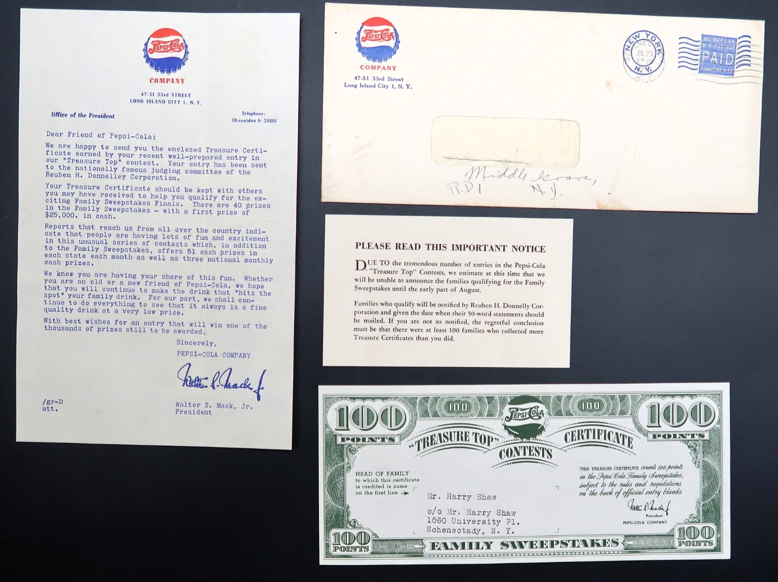 Vtg 1948 Letter Pepsi-Cola Company 100-point Treasure Top Contest Ephemera