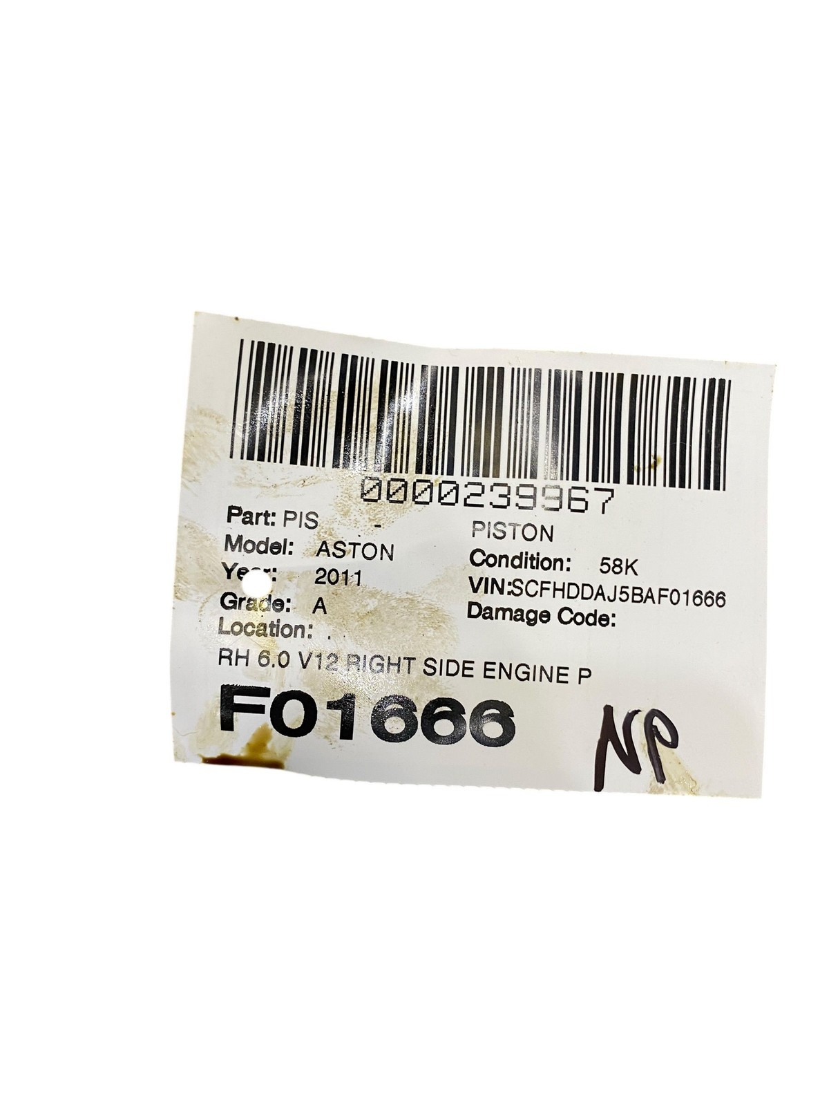 2010-2014 Aston Martin Rapide DDAJ 6.0 V12 RIGHT ENGINE PISTON W/ CONNECTOR ROD