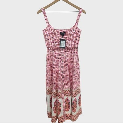 SALONI NWT Pink White Printed Tile Cotton Stretch Fara Midi Dress US Size 4