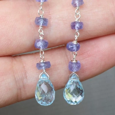 boucles d'oreilles tanzanite topaze bleue pierre précieuse fine argent 2287 - Photo 1/4
