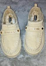 Bebe womans fur lined moccasin slippers rhinestone signature 7 worn once