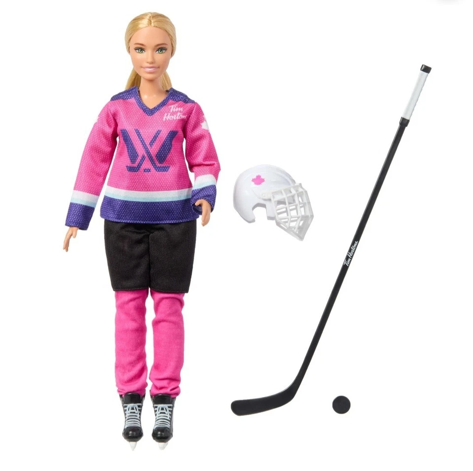 Barbie Tim Hortons Mattel 2025 PWHL Muñeca Jugadora de Hockey Canadá Rubia EN MANO Foto 3 de 4