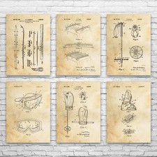 Skiing Patent Wall Art Set of 6 Poster, Canvas or Framed Winter Decor Skiing Art