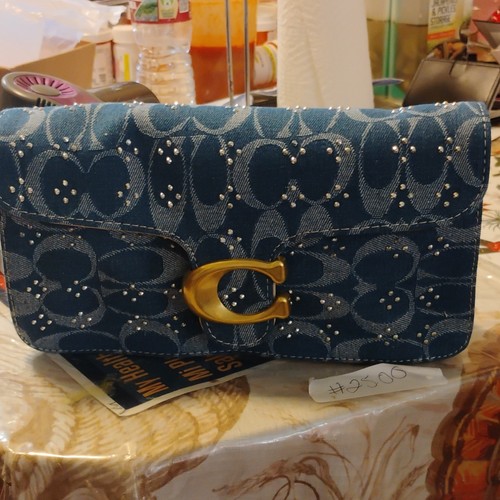 Coach Blue Signature Logo Flap Wallet with Rhinestone Accents