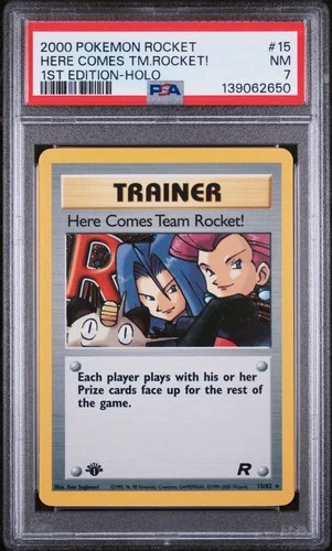 2000 POKEMON ROCKET 1ST EDITION #15 HERE COMES TEAM ROCKET!-HOLO PSA 7