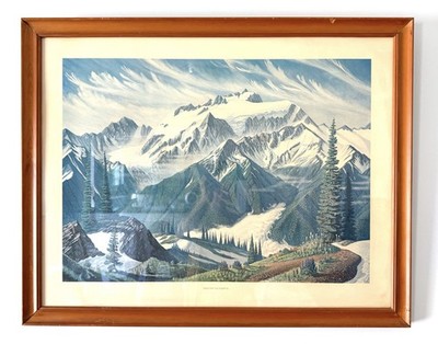Vintage Mt Olympus Washington State Lithograph Print 1968 Ski Cabin Lodge Decor