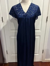 Women Navy Blue Silky Short Sleeve V Neck Lace Nightgown 4XL 50"Lx26"W