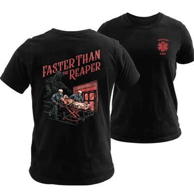 Faster Than The Reaper EMS T-Shirt, Black Rescue Medic Tee with Grim Reaper Grap